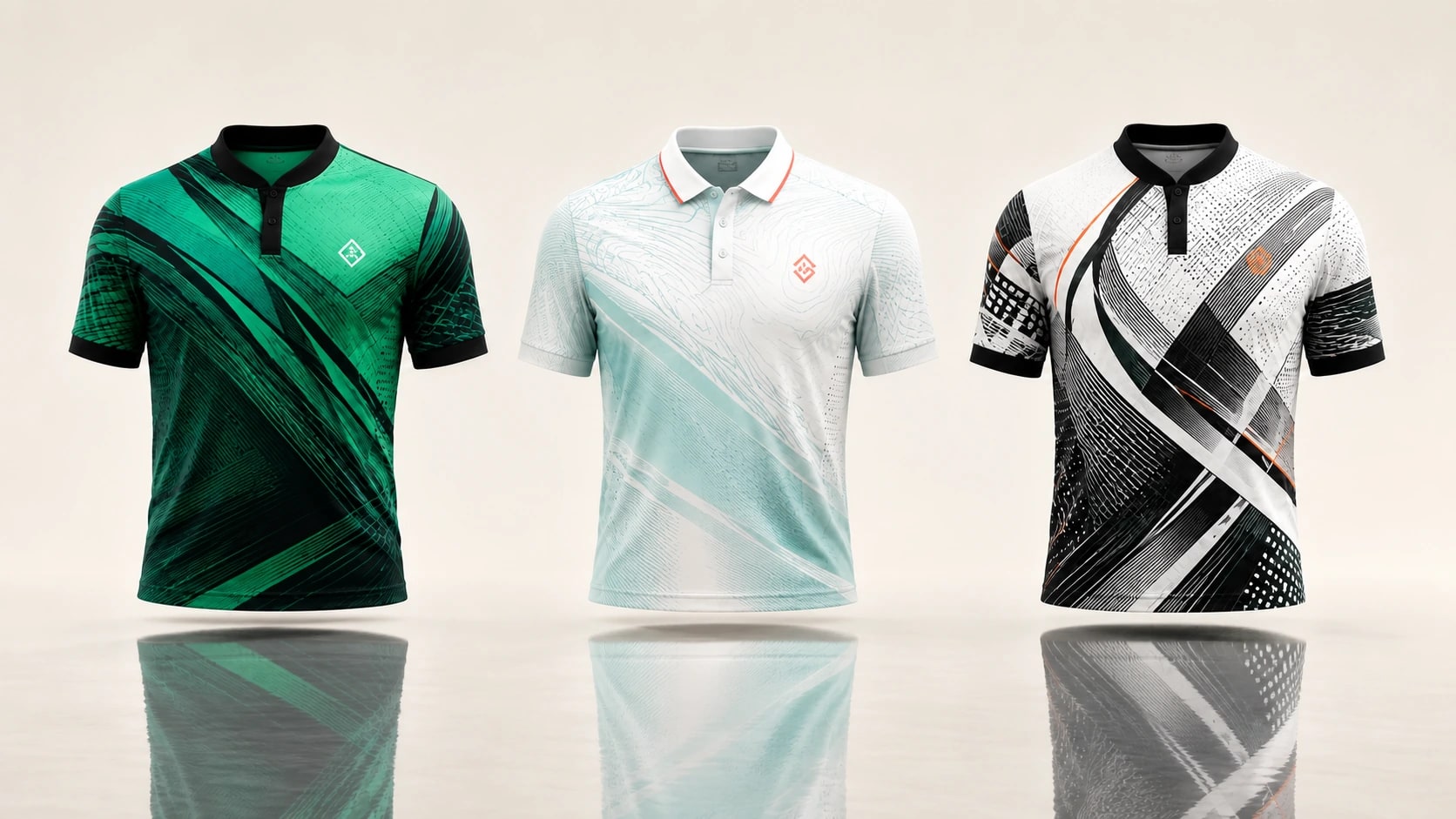 The three First Flight polos standing side by side on a warm white ground: emerald, ice blue and black-on-white.