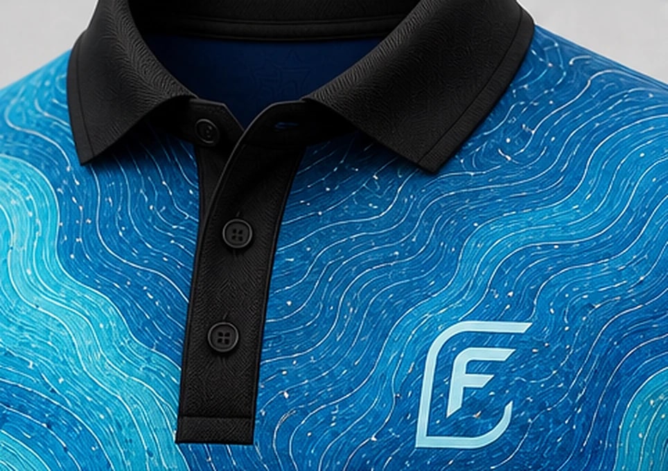 Close view of the Current Lagoon stand collar and two-button placket, black rib against the cobalt contour print.