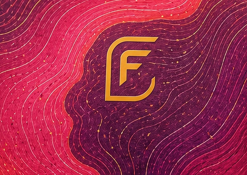 Close view of the Current Sunset print, coral folding into plum with gold flecks and the gold Flight badge.