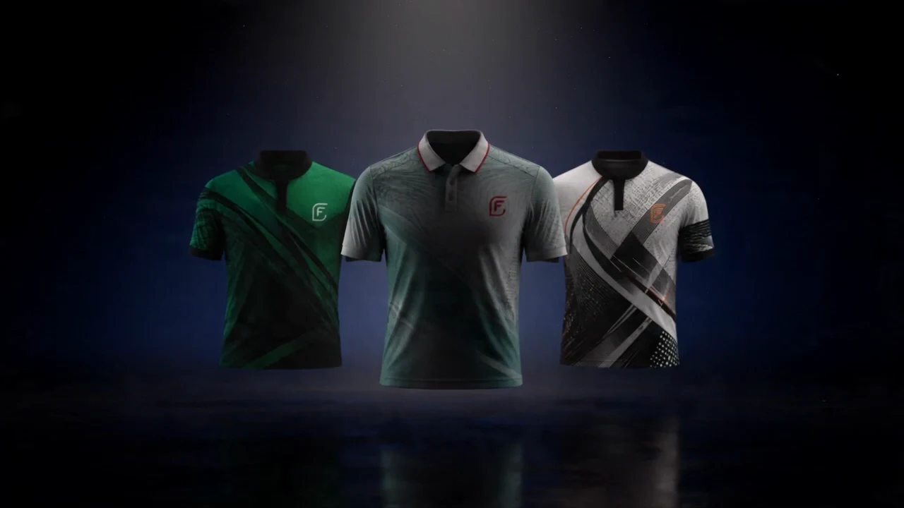 The three First Flight polos emerging from darkness in a low-lit studio, reflected in wet floor.