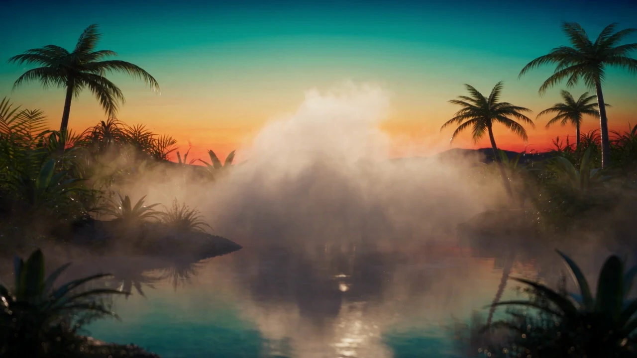 A tropical lagoon at sunset under mist, framed by palms — the opening frame of the Summer Terrain film.
